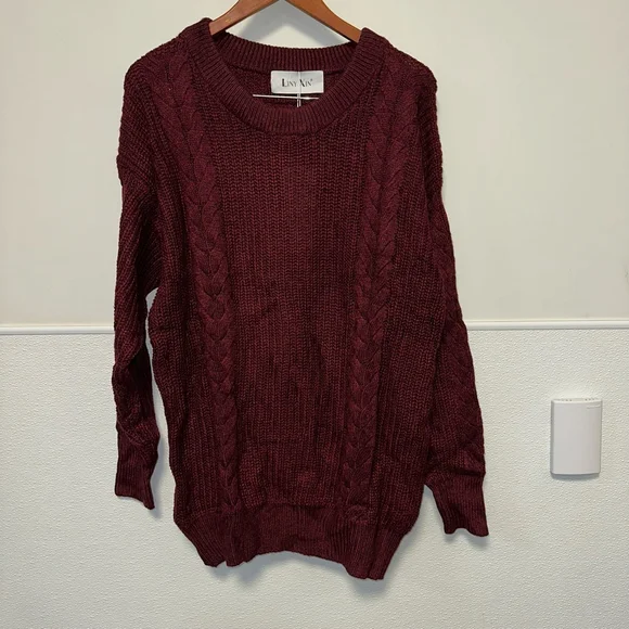 Liny Xin Women’s Burgundy Cable Knit Sweater NWT Medium Slightly Oversized New - Picture 6 of 8